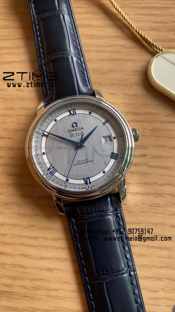 OMEGA De Ville Prestige 39.5mm SS A+F 1:1 Best Edition White Dial Blue Markers on Blue Leather Strap A2500 - Super Clone Watch | 1:1 Best Version