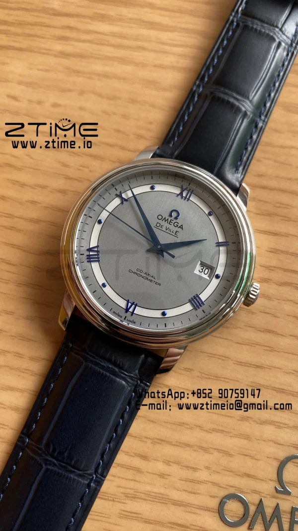 OMEGA De Ville Prestige 39.5mm SS A+F 1:1 Best Edition White Dial Blue Markers on Blue Leather Strap A2500 - Super Clone Watch | 1:1 Best Version