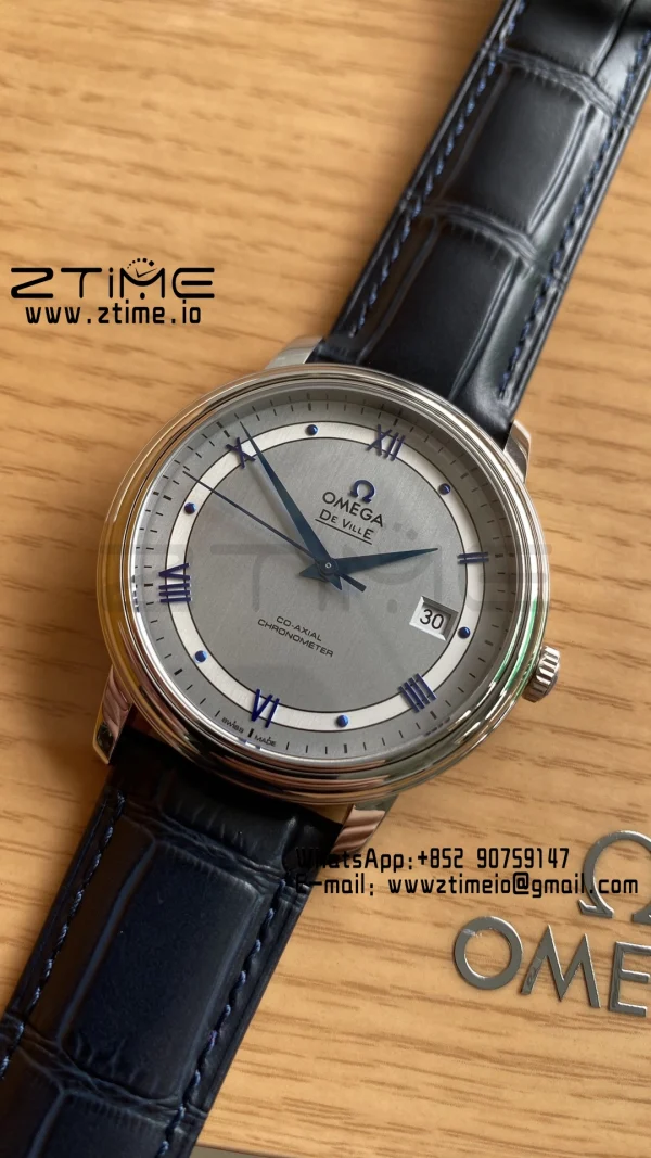 OMEGA De Ville Prestige 39.5mm SS A+F 1:1 Best Edition White Dial Blue Markers on Blue Leather Strap A2500 - Super Clone Watch | 1:1 Best Version