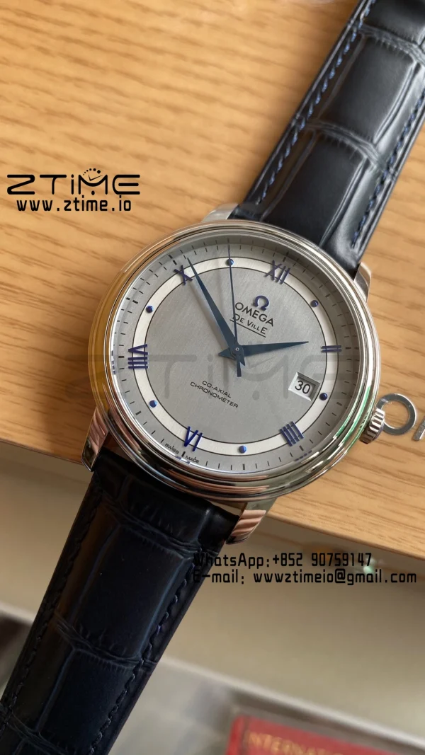 OMEGA De Ville Prestige 39.5mm SS A+F 1:1 Best Edition White Dial Blue Markers on Blue Leather Strap A2500 - Super Clone Watch | 1:1 Best Version