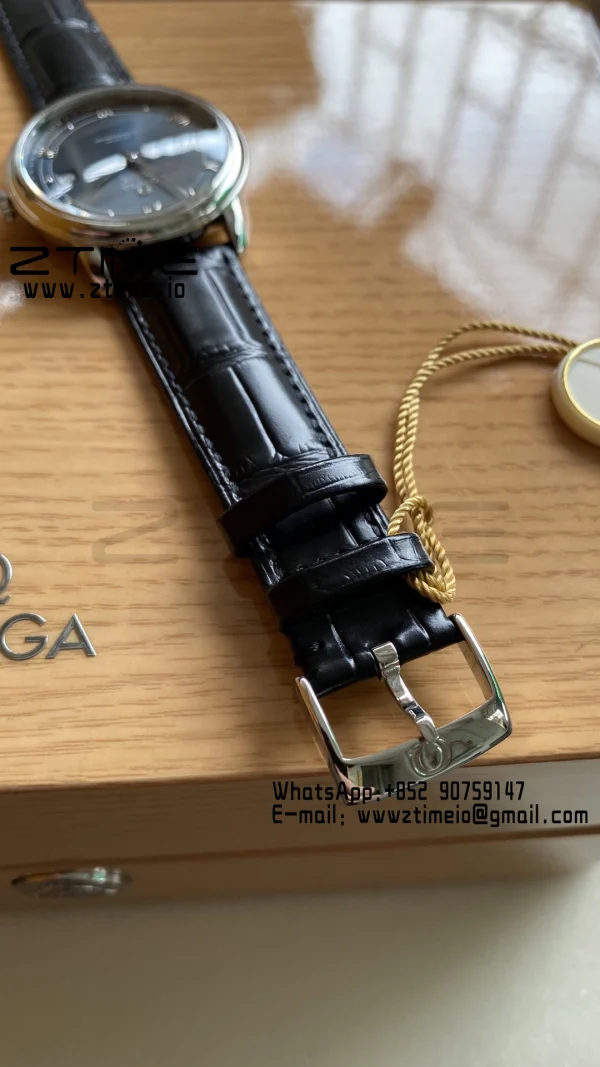 OMEGA De Ville Prestige 39.5mm SS A+F 1:1 Best Edition Blue Dial Silver Markers on Black Leather Strap A2500 - Super Clone Watch | 1:1 Best Version