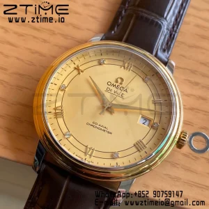 OMEGA De Ville Prestige 39.5mm YG/SS A+F 1:1 Best Edition Yellow Dial YG Markers on Brown Leather Strap A2500 - Super Clone Watch | 1:1 Best Version