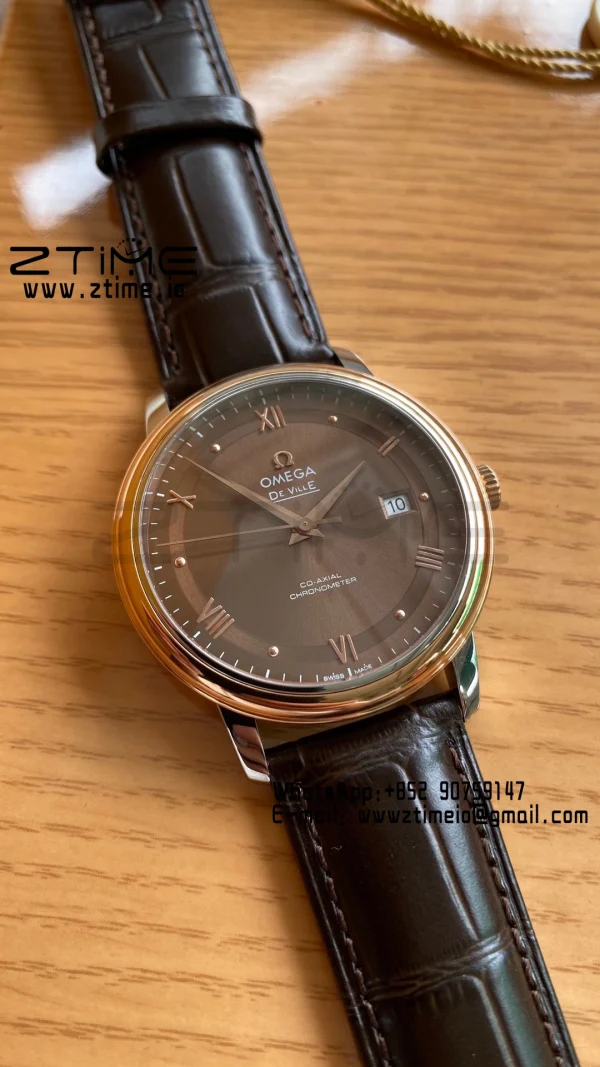 OMEGA De Ville Prestige 39.5mm RG/SS A+F 1:1 Best Edition Brown Dial RG Markers on Brown Leather Strap A2500 - Super Clone Watch | 1:1 Best Version