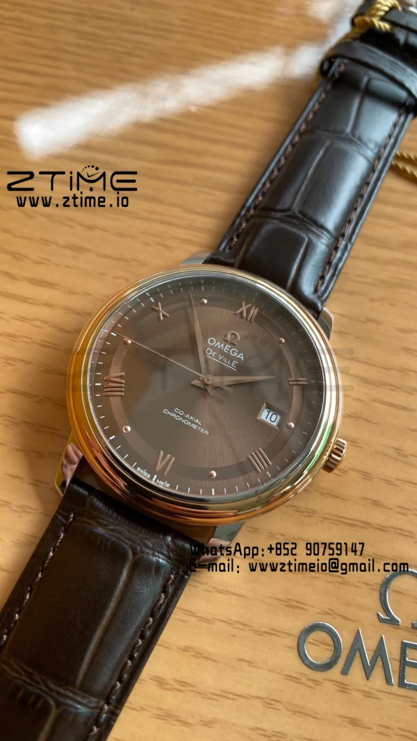 OMEGA De Ville Prestige 39.5mm RG/SS A+F 1:1 Best Edition Brown Dial RG Markers on Brown Leather Strap A2500 - Super Clone Watch | 1:1 Best Version
