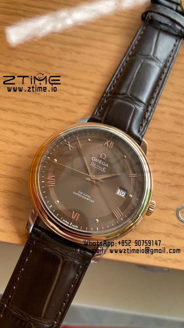 OMEGA De Ville Prestige 39.5mm RG/SS A+F 1:1 Best Edition Brown Dial RG Markers on Brown Leather Strap A2500 - Super Clone Watch | 1:1 Best Version