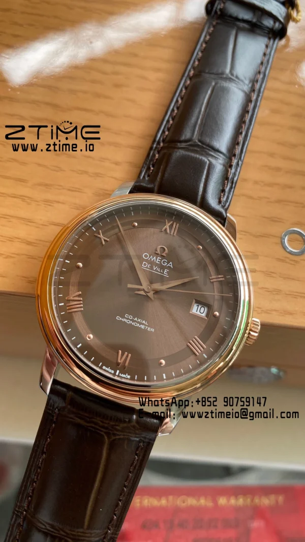 OMEGA De Ville Prestige 39.5mm RG/SS A+F 1:1 Best Edition Brown Dial RG Markers on Brown Leather Strap A2500 - Super Clone Watch | 1:1 Best Version