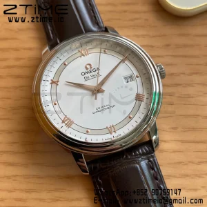 OMEGA De Ville Prestige 39.5mm RG/SS A+F 1:1 Best Edition White Dial RG Markers on Brown Leather Strap A2500 - Super Clone Watch | 1:1 Best Version