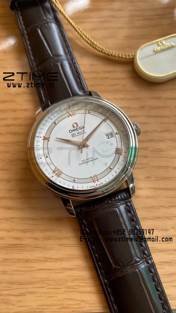 OMEGA De Ville Prestige 39.5mm RG/SS A+F 1:1 Best Edition White Dial RG Markers on Brown Leather Strap A2500 - Super Clone Watch | 1:1 Best Version