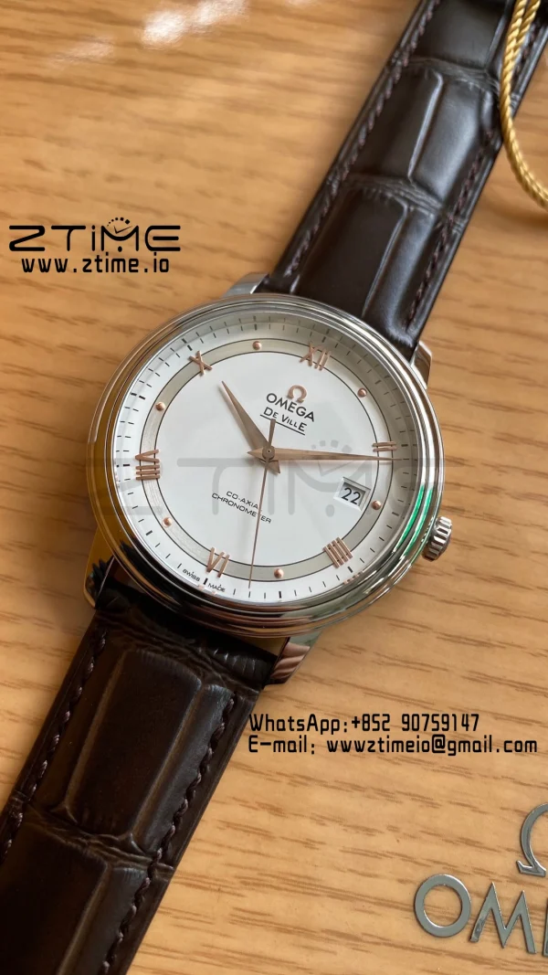 OMEGA De Ville Prestige 39.5mm RG/SS A+F 1:1 Best Edition White Dial RG Markers on Brown Leather Strap A2500 - Super Clone Watch | 1:1 Best Version