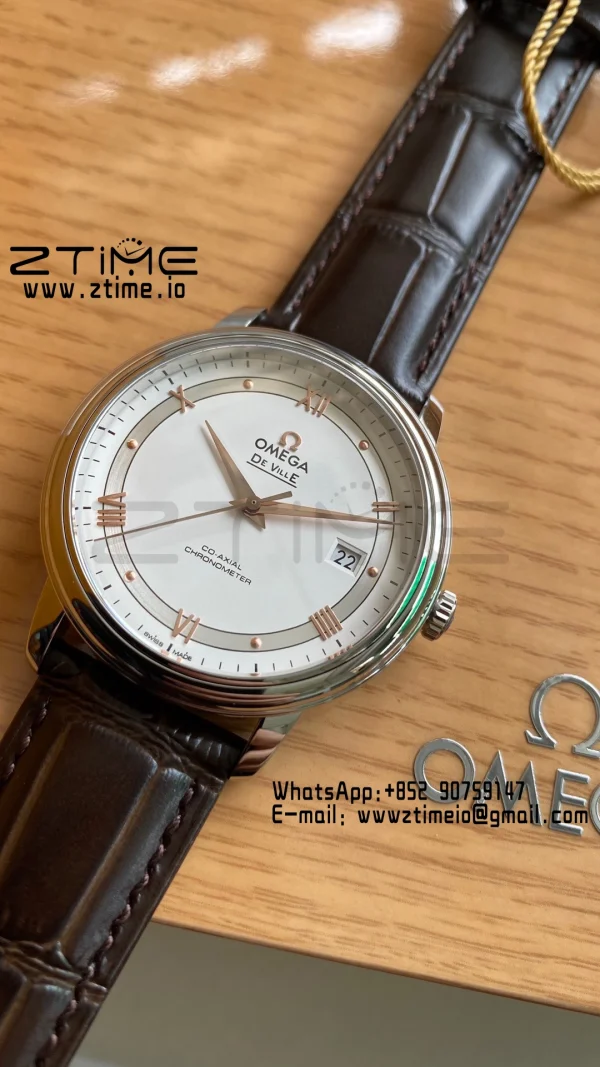 OMEGA De Ville Prestige 39.5mm RG/SS A+F 1:1 Best Edition White Dial RG Markers on Brown Leather Strap A2500 - Super Clone Watch | 1:1 Best Version