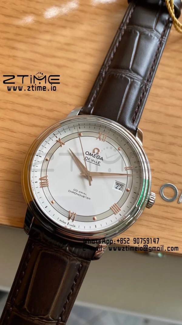OMEGA De Ville Prestige 39.5mm RG/SS A+F 1:1 Best Edition White Dial RG Markers on Brown Leather Strap A2500 - Super Clone Watch | 1:1 Best Version