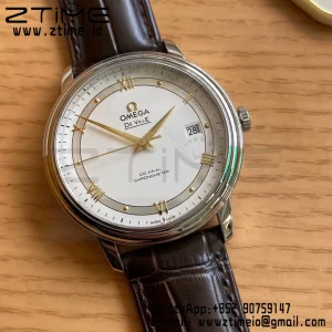 OMEGA De Ville Prestige 39.5mm YG/SS A+F 1:1 Best Edition White Dial YG Markers on Brown Leather Strap A2500 - Super Clone Watch | 1:1 Best Version