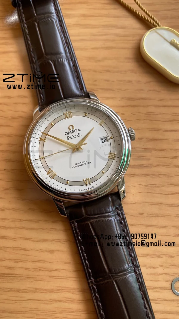 OMEGA De Ville Prestige 39.5mm YG/SS A+F 1:1 Best Edition White Dial YG Markers on Brown Leather Strap A2500 - Super Clone Watch | 1:1 Best Version