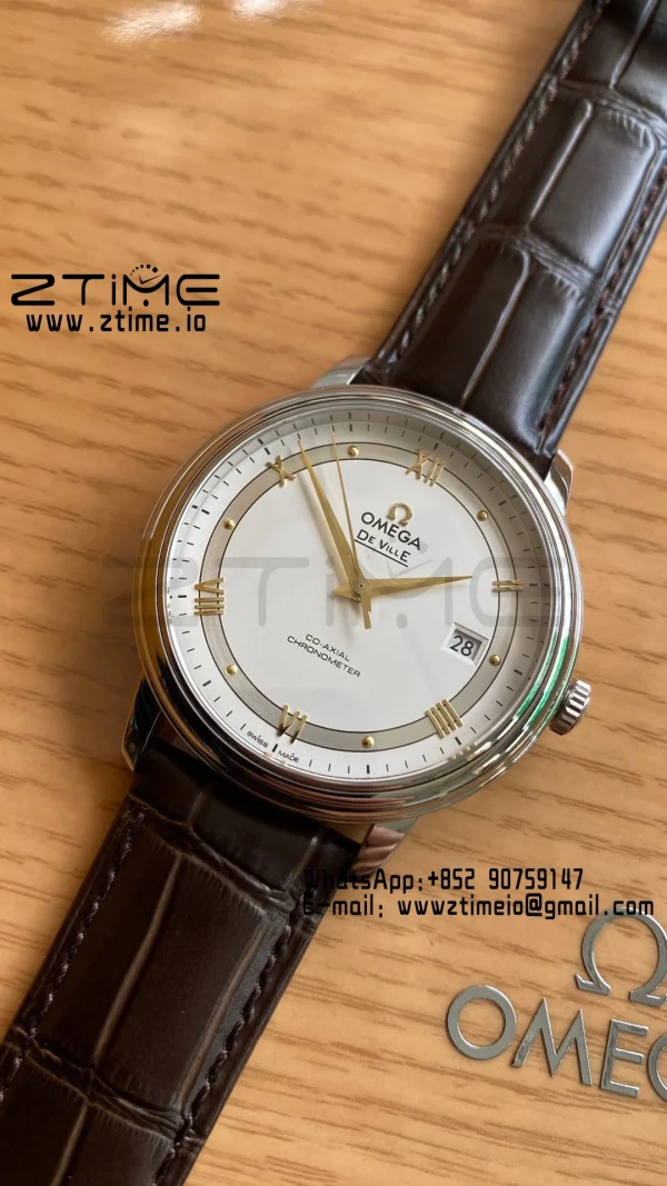 OMEGA De Ville Prestige 39.5mm YG/SS A+F 1:1 Best Edition White Dial YG Markers on Brown Leather Strap A2500 - Super Clone Watch | 1:1 Best Version