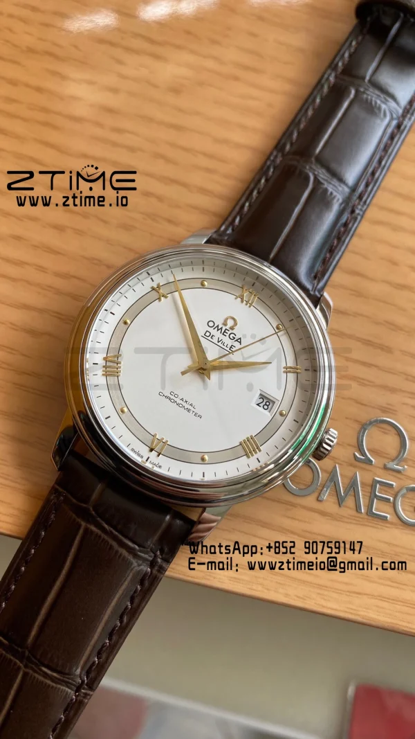 OMEGA De Ville Prestige 39.5mm YG/SS A+F 1:1 Best Edition White Dial YG Markers on Brown Leather Strap A2500 - Super Clone Watch | 1:1 Best Version