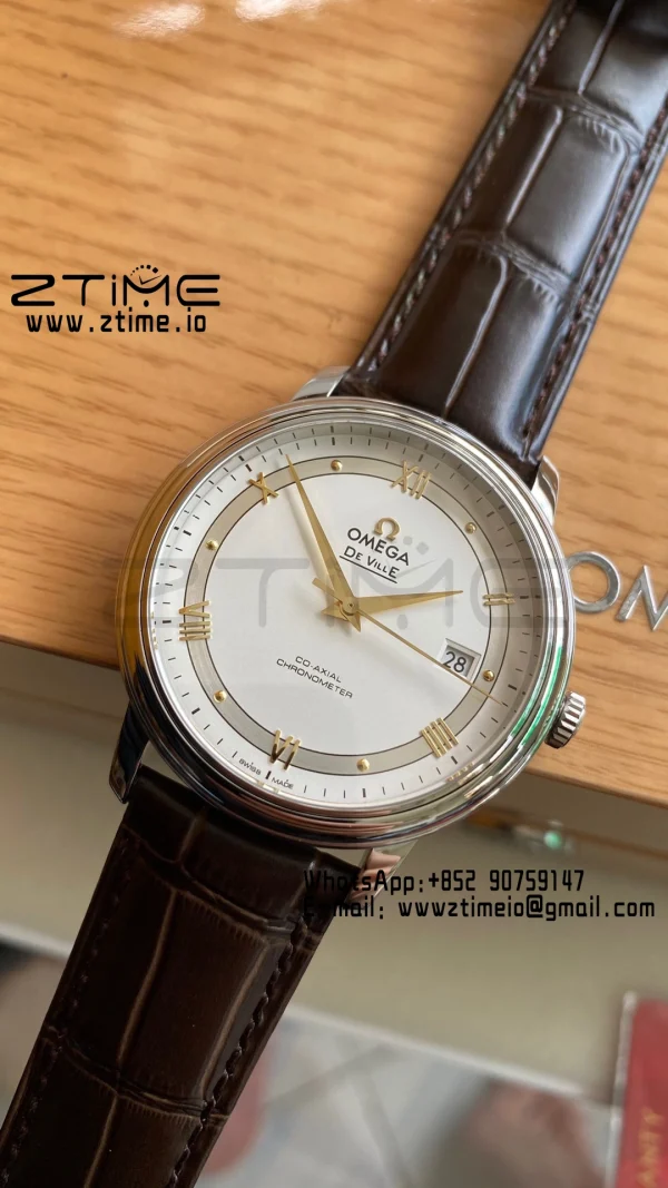 OMEGA De Ville Prestige 39.5mm YG/SS A+F 1:1 Best Edition White Dial YG Markers on Brown Leather Strap A2500 - Super Clone Watch | 1:1 Best Version