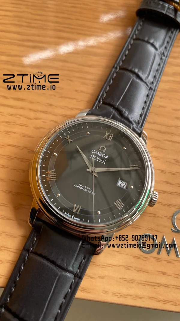 OMEGA De Ville Prestige 39.5mm SS A+F 1:1 Best Edition Black Dial Sliver Markers on Black Leather Strap A2500 - Super Clone Watch | 1:1 Best Version