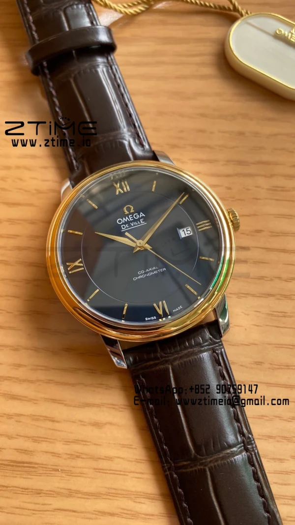 OMEGA De Ville Prestige 39.5mm YG/SS A+F 1:1 Best Edition Μπλε καντράν YG Markers σε καφέ δερμάτινο λουράκι A2500 - Super Clone Watch | 1:1 Best Version