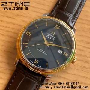 OMEGA De Ville Prestige 39.5mm YG/SS A+F 1:1 Best Edition Μπλε καντράν YG Markers σε καφέ δερμάτινο λουράκι A2500 - Super Clone Watch | 1:1 Best Version