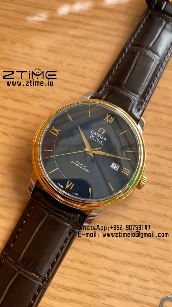OMEGA De Ville Prestige 39.5mm YG/SS A+F 1:1 Best Edition Μπλε καντράν YG Markers σε καφέ δερμάτινο λουράκι A2500 - Super Clone Watch | 1:1 Best Version