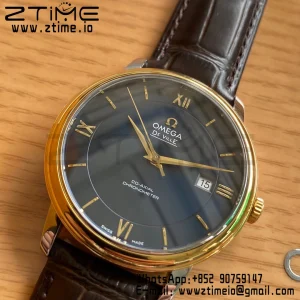 OMEGA De Ville Prestige 39.5mm YG/SS A+F 1:1 Best Edition Μπλε καντράν YG Markers σε καφέ δερμάτινο λουράκι A2500 - Super Clone Watch | 1:1 Best Version