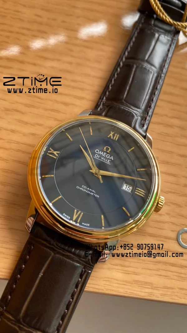 OMEGA De Ville Prestige 39.5mm YG/SS A+F 1:1 Best Edition Μπλε καντράν YG Markers σε καφέ δερμάτινο λουράκι A2500 - Super Clone Watch | 1:1 Best Version