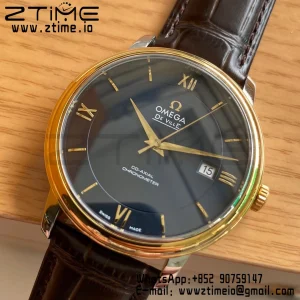 OMEGA De Ville Prestige 39.5mm YG/SS A+F 1:1 Best Edition Blue Dial YG Markers on Brown Leather Strap A2500 - Super Clone Watch | 1:1 Best Version