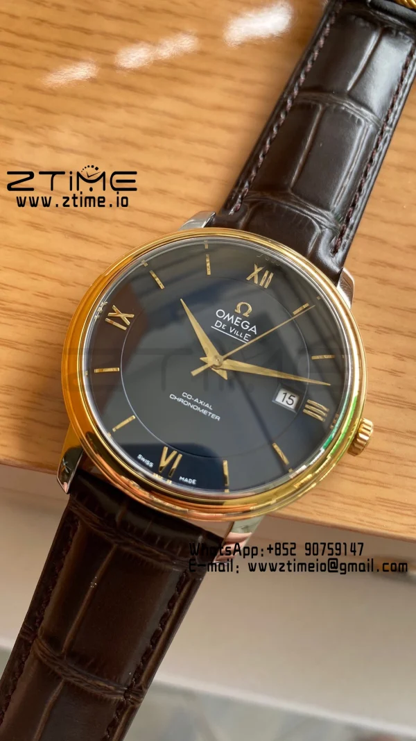 OMEGA De Ville Prestige 39.5mm YG/SS A+F 1:1 Best Edition Μπλε καντράν YG Markers σε καφέ δερμάτινο λουράκι A2500 - Super Clone Watch | 1:1 Best Version