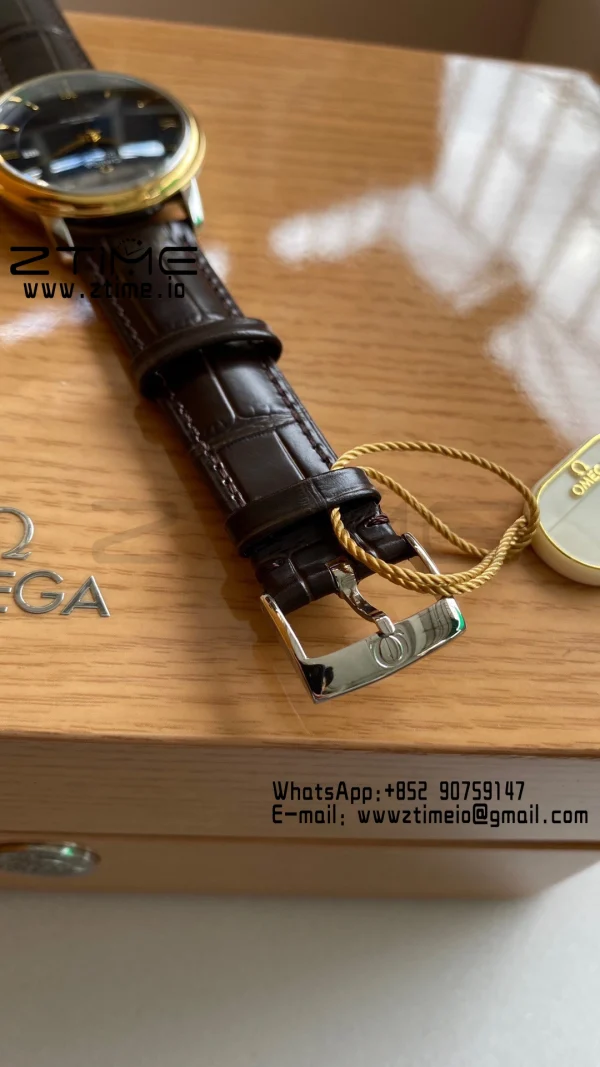 OMEGA De Ville Prestige 39.5mm YG/SS A+F 1:1 Best Edition Μπλε καντράν YG Markers σε καφέ δερμάτινο λουράκι A2500 - Super Clone Watch | 1:1 Best Version
