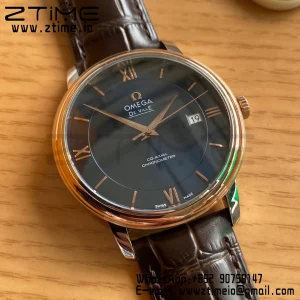 OMEGA De Ville Prestige 39.5mm RG/SS A+F 1:1 Best Edition Blue Dial RG Markers on Brown Leather Strap A2500 - Super Clone Watch | 1:1 Best Version