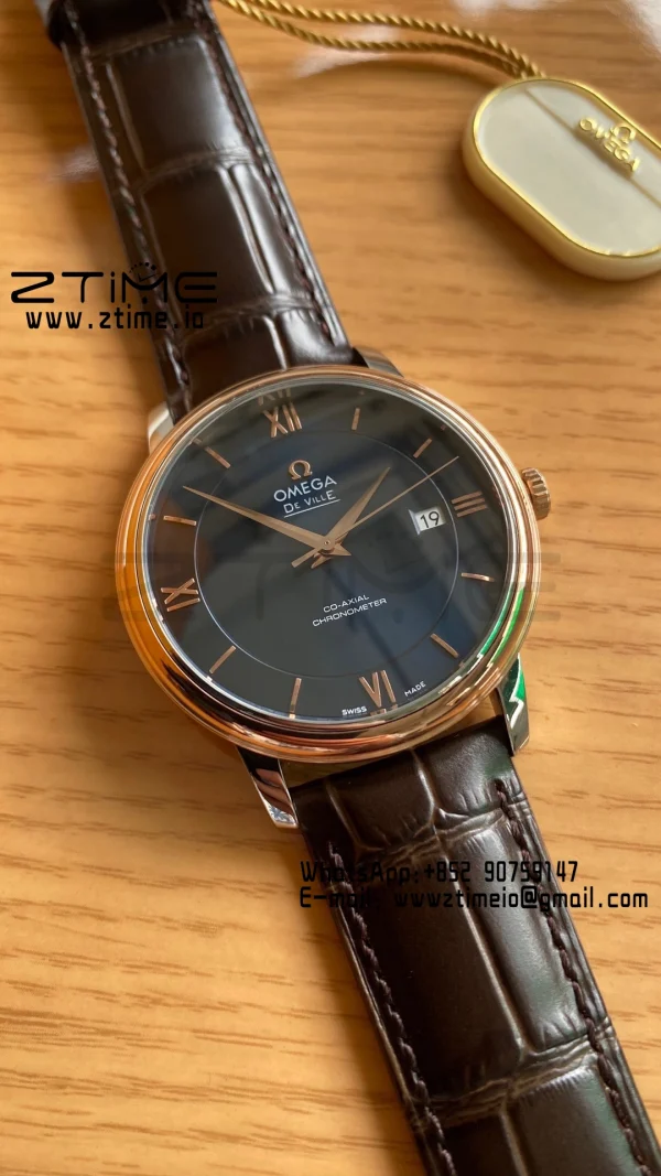 OMEGA De Ville Prestige 39.5mm RG/SS A+F 1:1 Best Edition Blue Dial RG Markers on Brown Leather Strap A2500 - Super Clone Watch | 1:1 Best Version