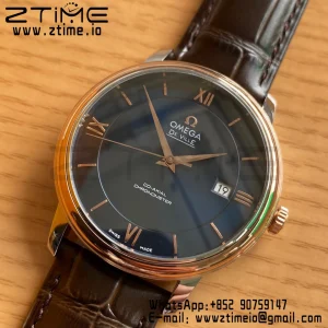 OMEGA De Ville Prestige 39.5mm RG/SS A+F 1:1 Best Edition Blue Dial RG Markers on Brown Leather Strap A2500 - Super Clone Watch | 1:1 Best Version