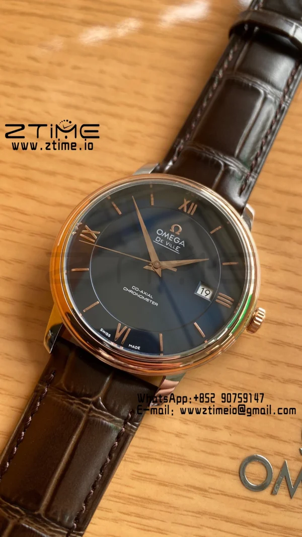 OMEGA De Ville Prestige 39.5mm RG/SS A+F 1:1 Best Edition Blue Dial RG Markers on Brown Leather Strap A2500 - Super Clone Watch | 1:1 Best Version