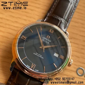 OMEGA De Ville Prestige 39.5mm RG/SS A+F 1:1 Best Edition Blue Dial RG Markers on Brown Leather Strap A2500 - Super Clone Watch | 1:1 Best Version