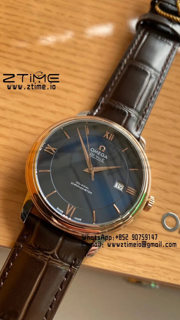 OMEGA De Ville Prestige 39.5mm RG/SS A+F 1:1 Best Edition Blue Dial RG Markers on Brown Leather Strap A2500 - Super Clone Watch | 1:1 Best Version