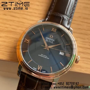 OMEGA De Ville Prestige 39.5mm RG/SS A+F 1:1 Best Edition Blue Dial RG Markers on Brown Leather Strap A2500 - Super Clone Watch | 1:1 Best Version
