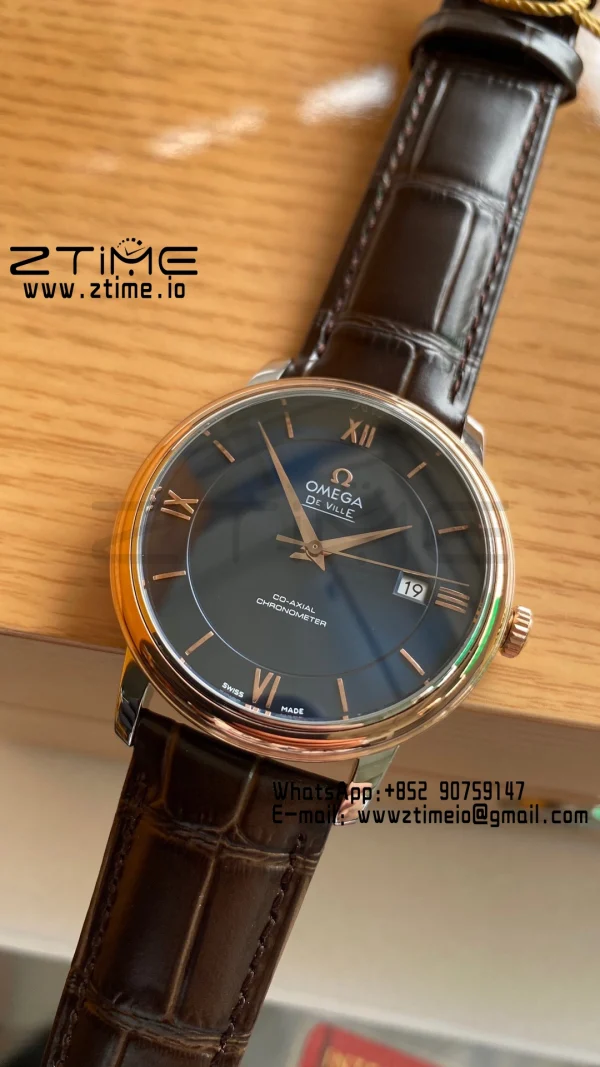 OMEGA De Ville Prestige 39.5mm RG/SS A+F 1:1 Best Edition Blue Dial RG Markers on Brown Leather Strap A2500 - Super Clone Watch | 1:1 Best Version