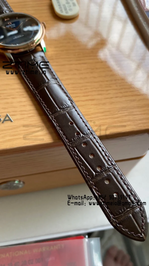 OMEGA De Ville Prestige 39.5mm RG/SS A+F 1:1 Best Edition Blue Dial RG Markers on Brown Leather Strap A2500 - Super Clone Watch | 1:1 Best Version