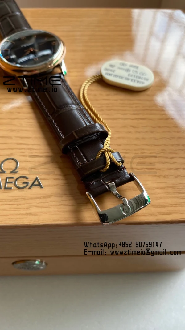 OMEGA De Ville Prestige 39.5mm RG/SS A+F 1:1 Best Edition Blue Dial RG Markers on Brown Leather Strap A2500 - Super Clone Watch | 1:1 Best Version