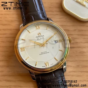 OMEGA De Ville Prestige 39.5mm YG/SS A+F 1:1 Best Edition White Dial YG Markers on Brown Leather Strap A2500 - Super Clone Watch | 1:1 Best Version