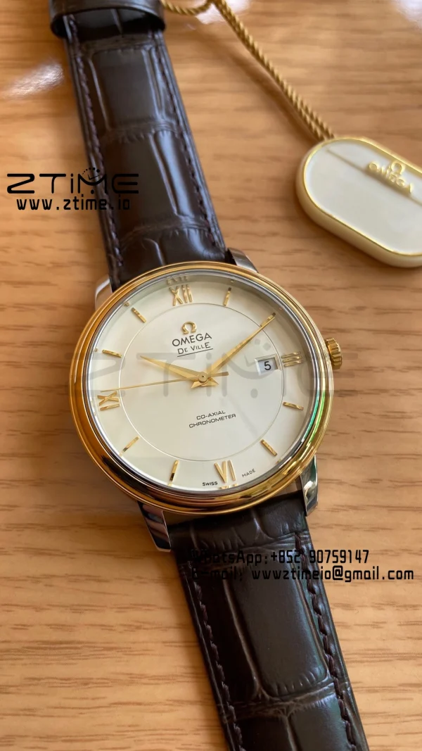 OMEGA De Ville Prestige 39.5mm YG/SS A+F 1:1 Best Edition White Dial YG Markers on Brown Leather Strap A2500 - Super Clone Watch | 1:1 Best Version