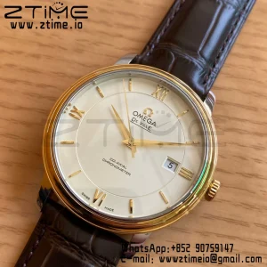 OMEGA De Ville Prestige 39.5mm YG/SS A+F 1:1 Best Edition White Dial YG Markers on Brown Leather Strap A2500 - Super Clone Watch | 1:1 Best Version
