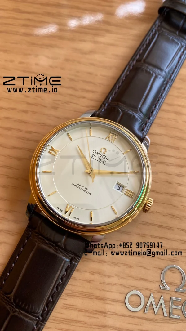 OMEGA De Ville Prestige 39.5mm YG/SS A+F 1:1 Best Edition White Dial YG Markers on Brown Leather Strap A2500 - Super Clone Watch | 1:1 Best Version