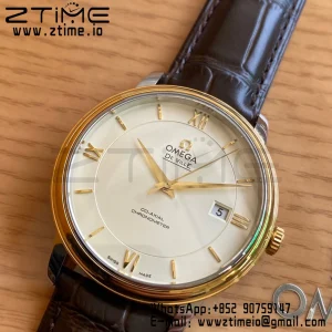 OMEGA De Ville Prestige 39.5mm YG/SS A+F 1:1 Best Edition White Dial YG Markers on Brown Leather Strap A2500 - Super Clone Watch | 1:1 Best Version