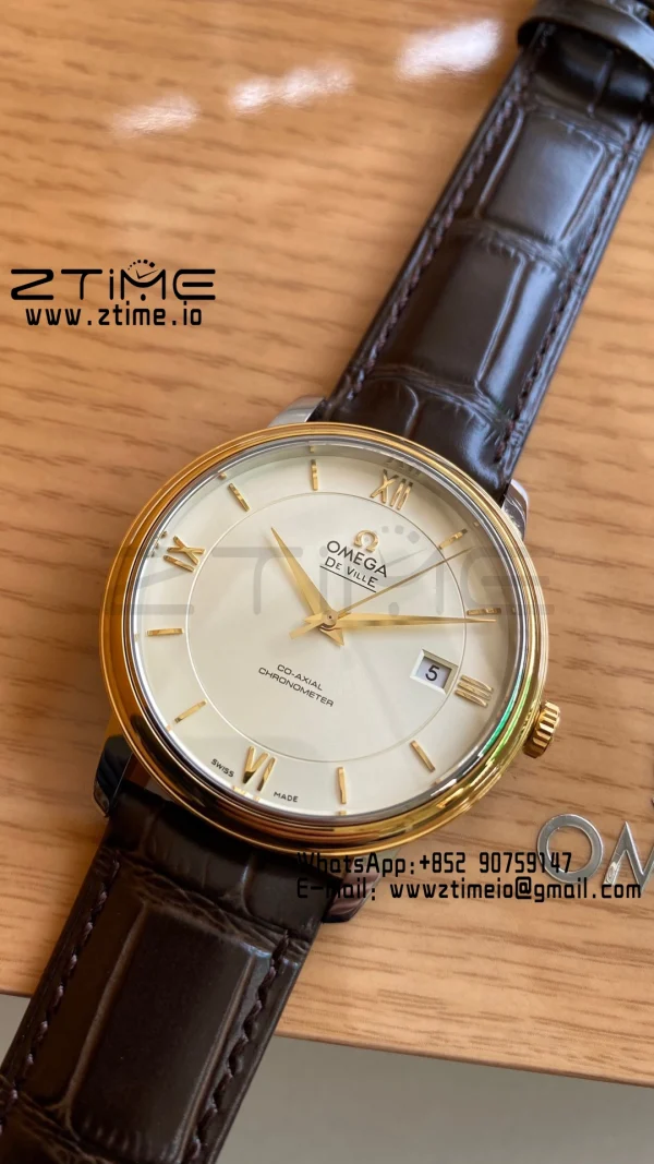 OMEGA De Ville Prestige 39.5mm YG/SS A+F 1:1 Best Edition White Dial YG Markers on Brown Leather Strap A2500 - Super Clone Watch | 1:1 Best Version