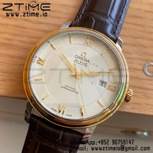 OMEGA De Ville Prestige 39.5mm YG/SS A+F 1:1 Best Edition White Dial YG Markers on Brown Leather Strap A2500 - Super Clone Watch | 1:1 Best Version