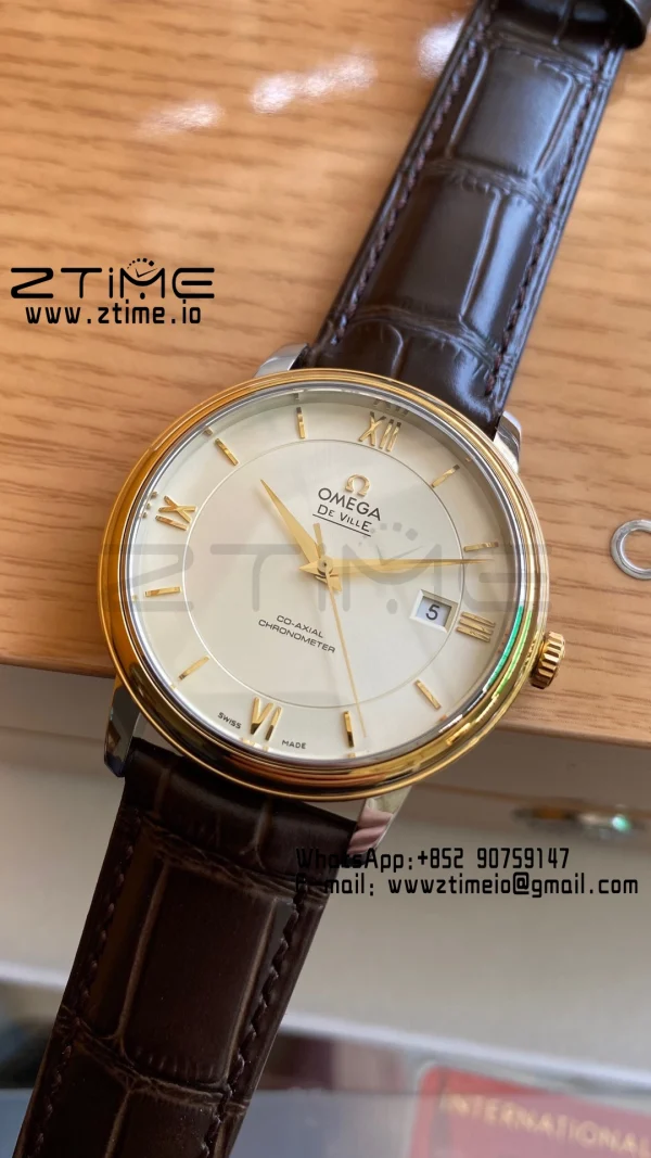 OMEGA De Ville Prestige 39.5mm YG/SS A+F 1:1 Best Edition White Dial YG Markers on Brown Leather Strap A2500 - Super Clone Watch | 1:1 Best Version