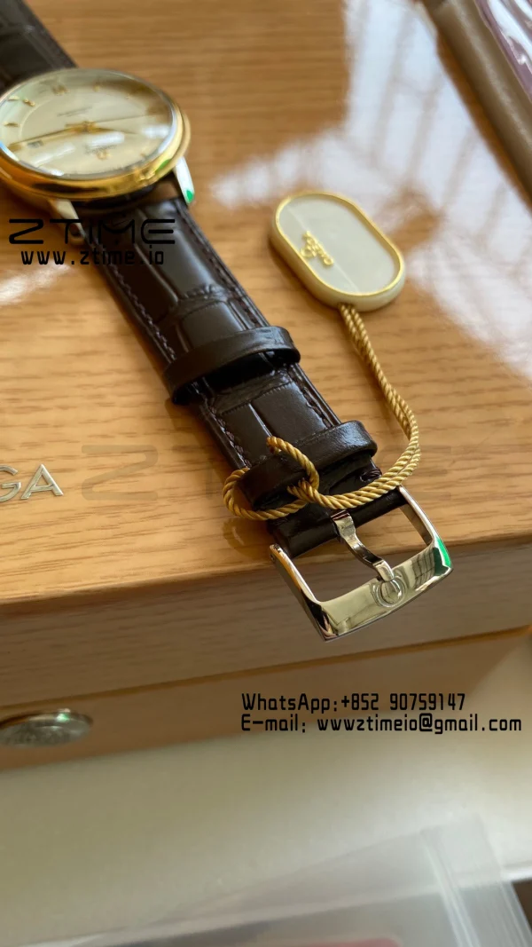 OMEGA De Ville Prestige 39.5mm YG/SS A+F 1:1 Best Edition White Dial YG Markers on Brown Leather Strap A2500 - Super Clone Watch | 1:1 Best Version