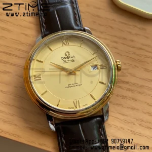 OMEGA De Ville Prestige 39.5mm YG/SS A+F 1:1 Best Edition Yeoolw Dial YG Markers on Brown Leather Strap A2500 - Super Clone Watch | 1:1 Best Version
