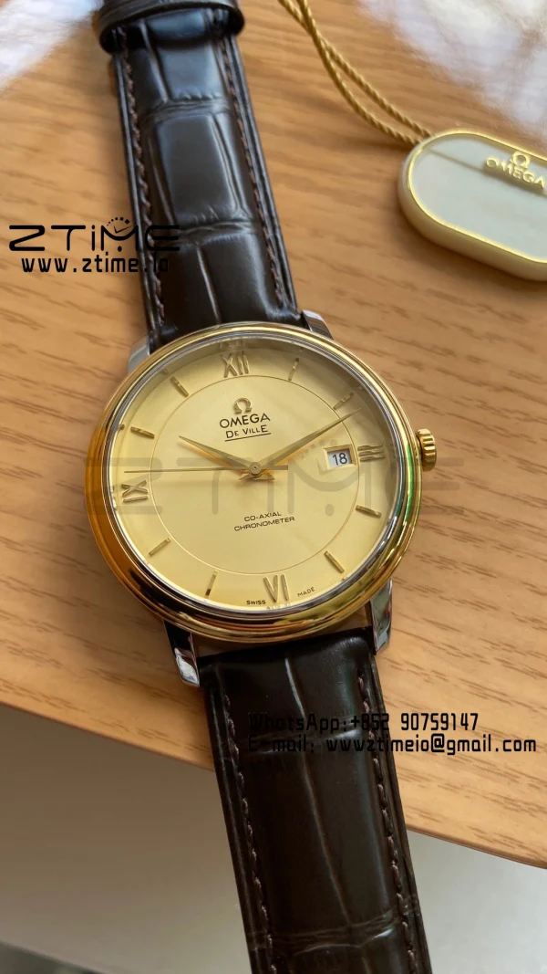 OMEGA De Ville Prestige 39.5mm YG/SS A+F 1:1 Best Edition Yeoolw Dial YG Markers on Brown Leather Strap A2500 - Super Clone Watch | 1:1 Best Version